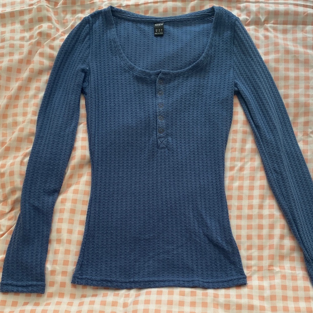 SHEIN Navy Waffle Knit Long Sleeve Henley Tee
